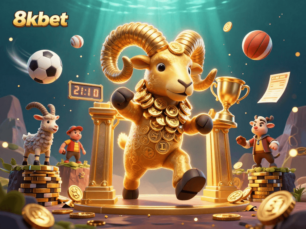 Experience thrilling gameplay at 8kbet with a dazzling scene of gold and sports elements.