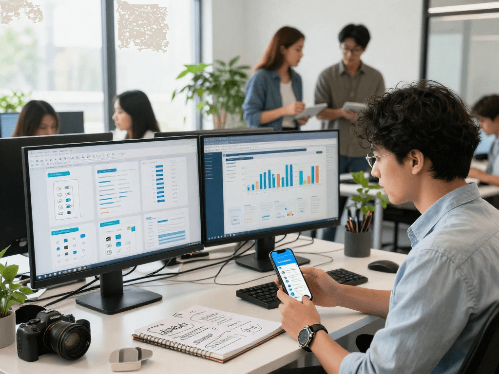 Marketing professional analyzing metrics to purchase app downloads in modern office workspace