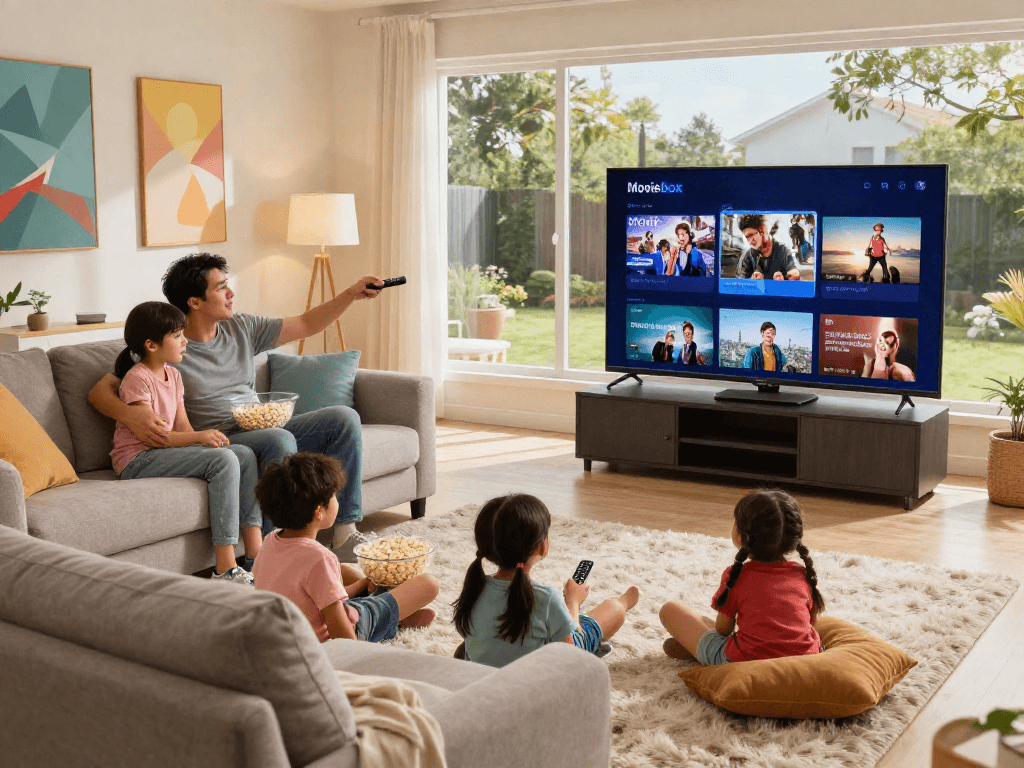 A family enjoying movie night using the Moviebox app in a cozy living room, showcasing entertainment and togetherness.