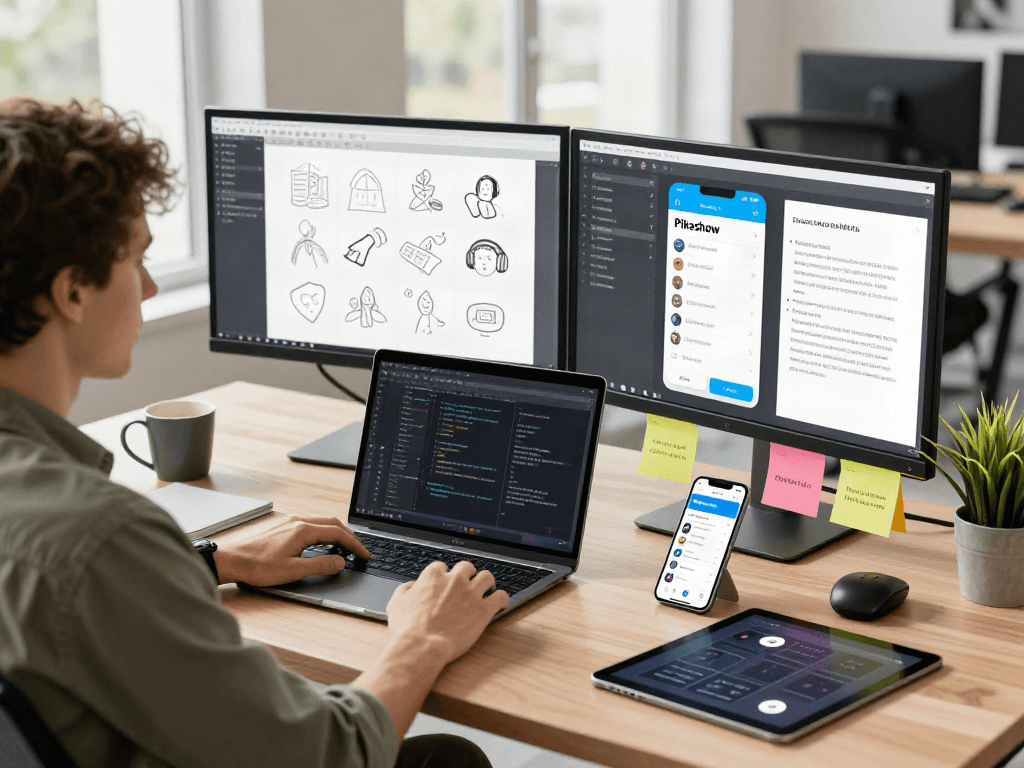 Pikashow app showcased in a creative tech workspace featuring a mobile developer in action.