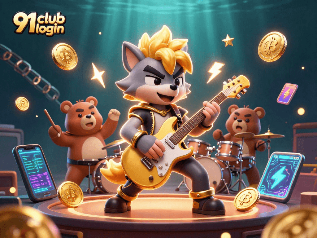 Experience thrilling wins with 91 club login at this vibrant casino stage illustration.