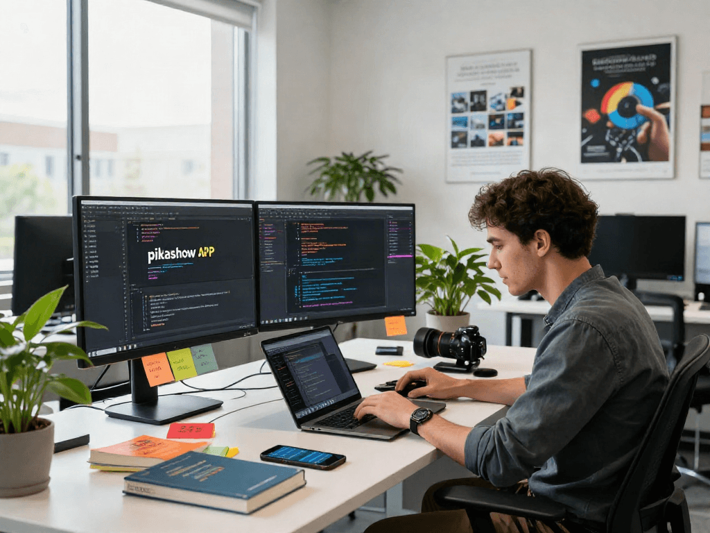 Pikashow APK download in action at a modern tech workspace with multiple screens showing coding and app interface.