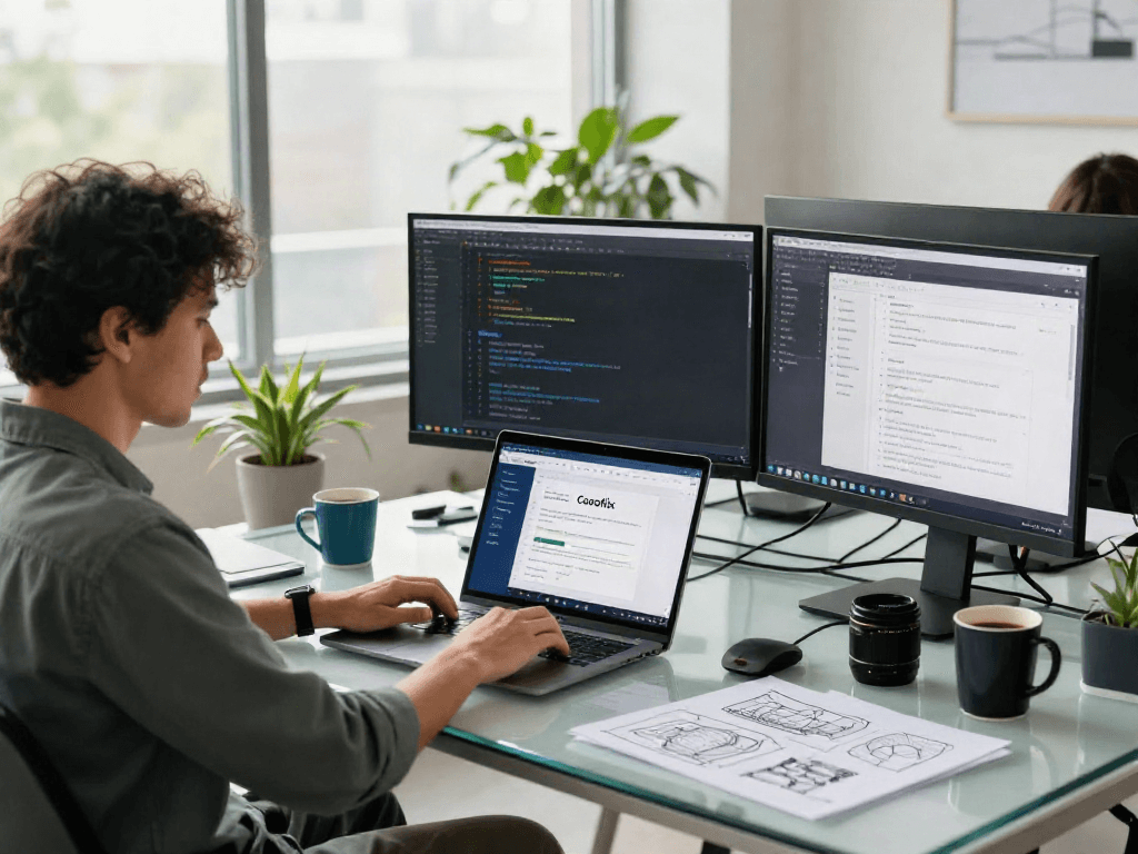 Developer innovatively designing the cocoflix app in a modern workspace filled with tech gadgets.