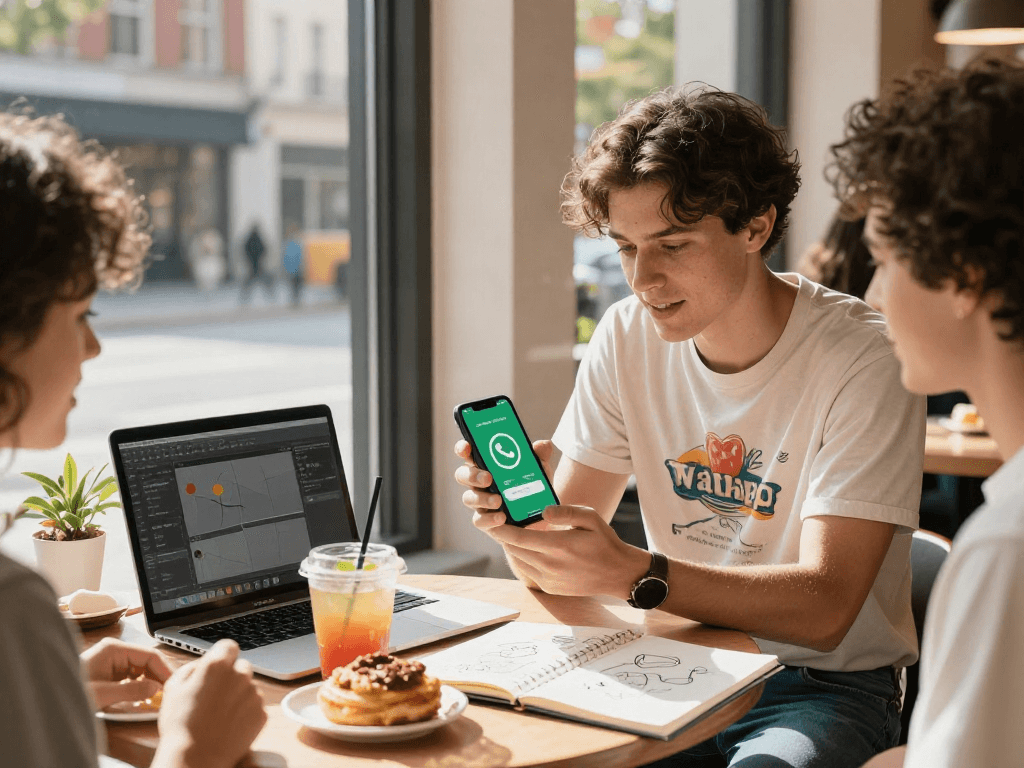 Using gb whatsapp for vibrant conversations in a bustling café setting.