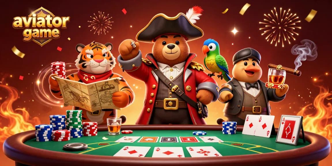 Play the aviator game with excitement, featuring a pirate bear and tiger at a poker table.