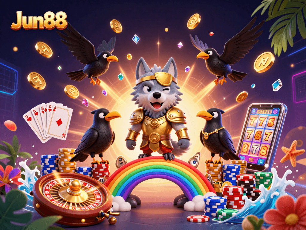 Experience exciting gaming at Jun88 with a vibrant scene featuring mythical characters and casino games.