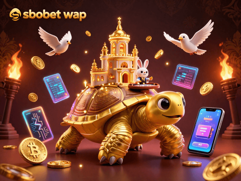 Bet on sbobet wap with a whimsical 3D casino scene featuring a tortoise and vibrant gaming elements.