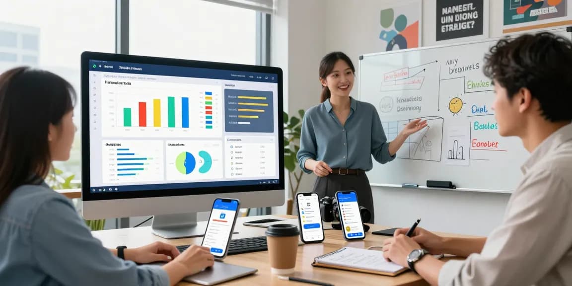 Purchase app downloads metrics displayed in a marketing office setting with a professional analyzing trends.