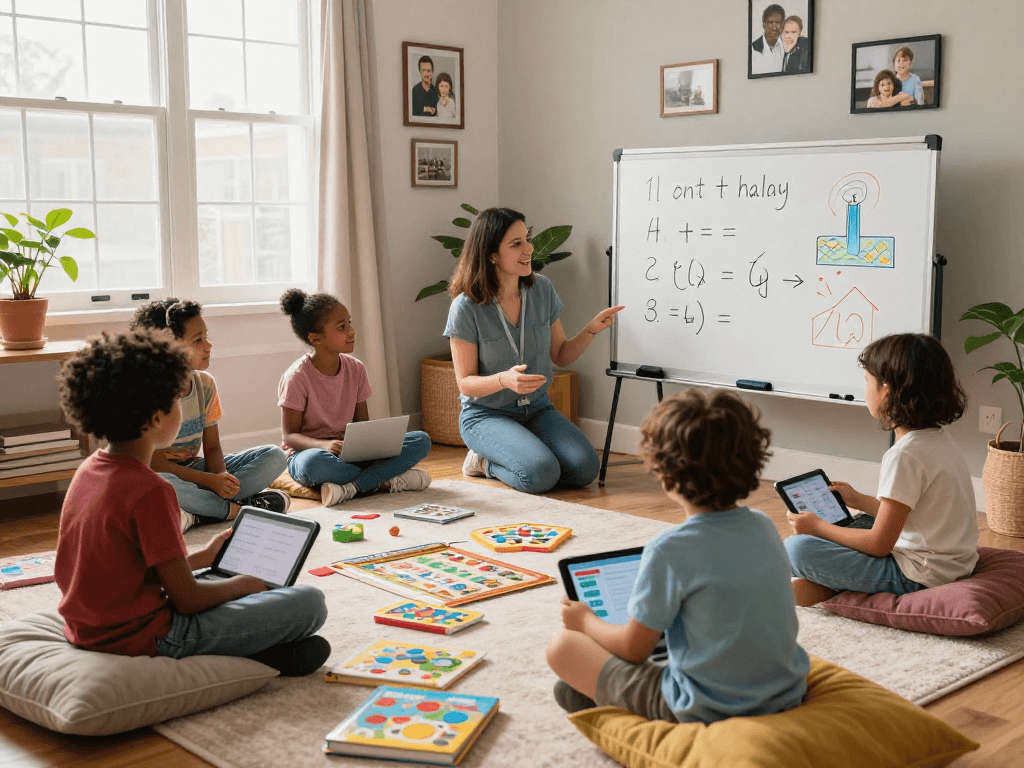 Engaged math and English tutors guiding children in an inviting home study setting.