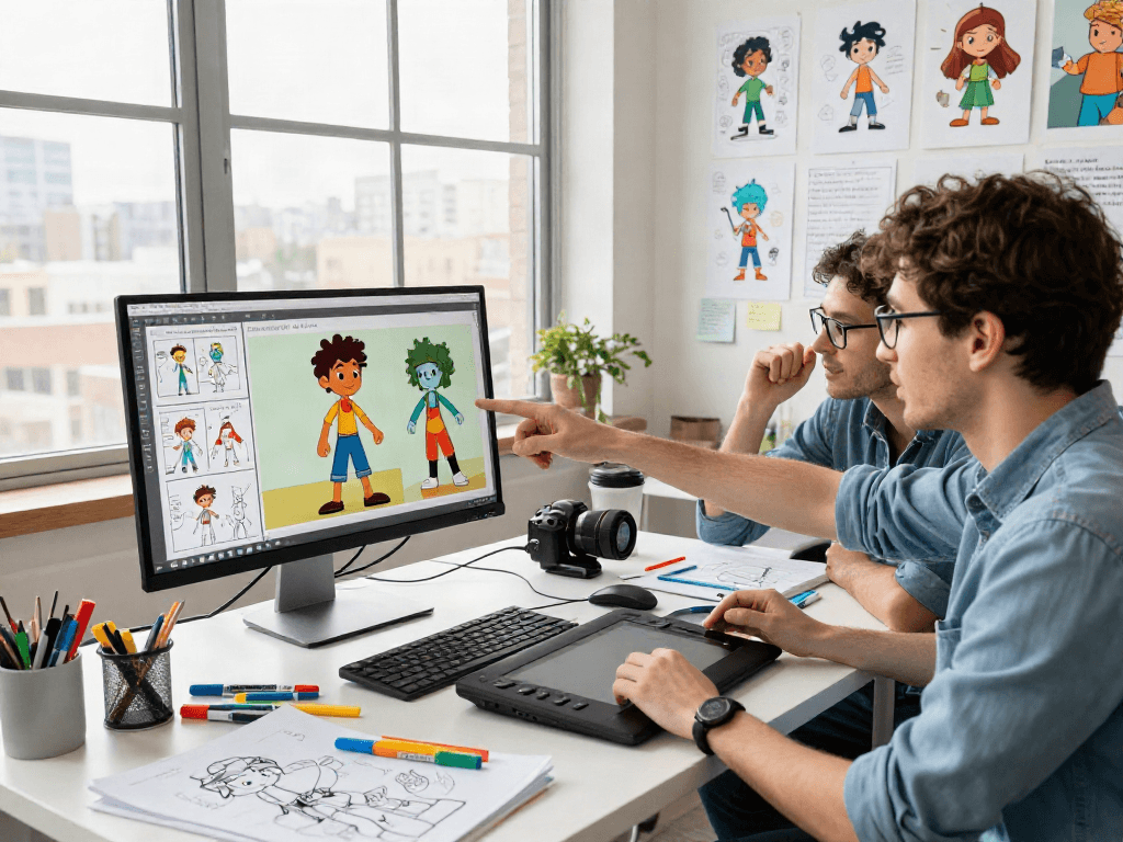 Character AI NSFW design collaboration in a vibrant digital art studio, showcasing lively discussions and character illustrations.