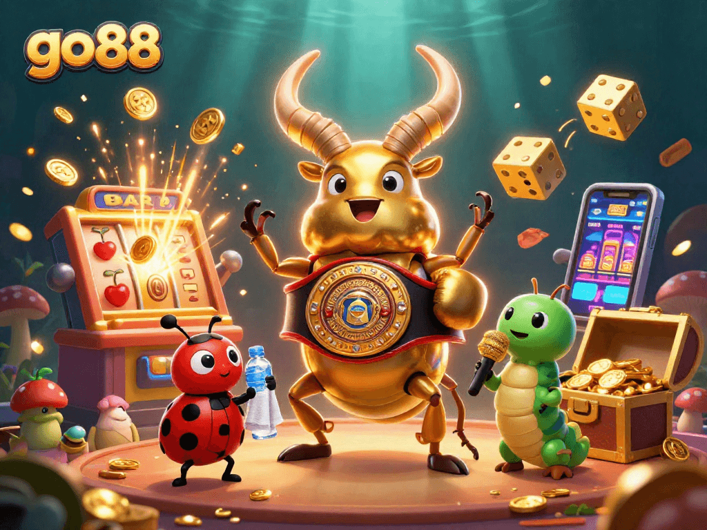 Experience thrilling wins with go 88 as vibrant symbols and characters collide in an energetic casino scene.