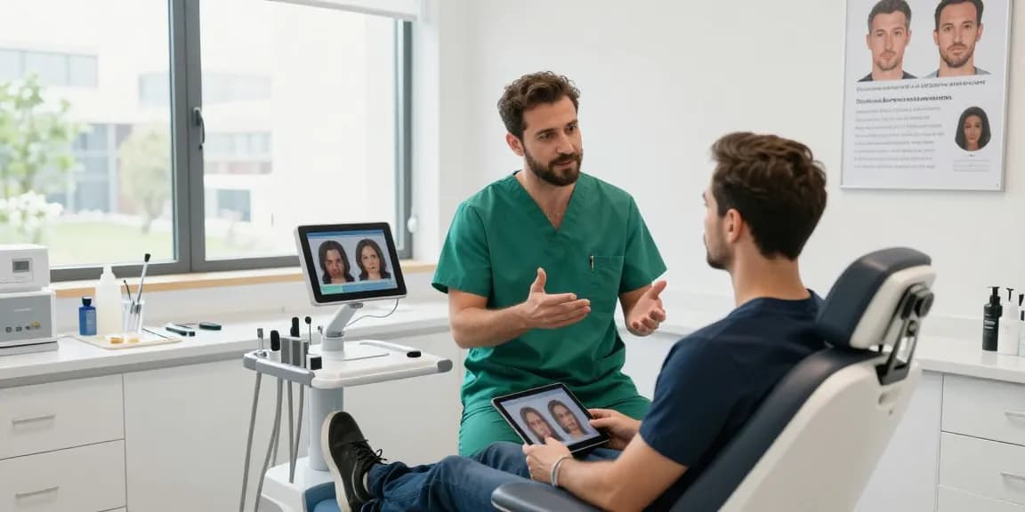 Consultation illustrating hair transplant turkey cost with a surgeon discussing options with a patient in a modern clinic