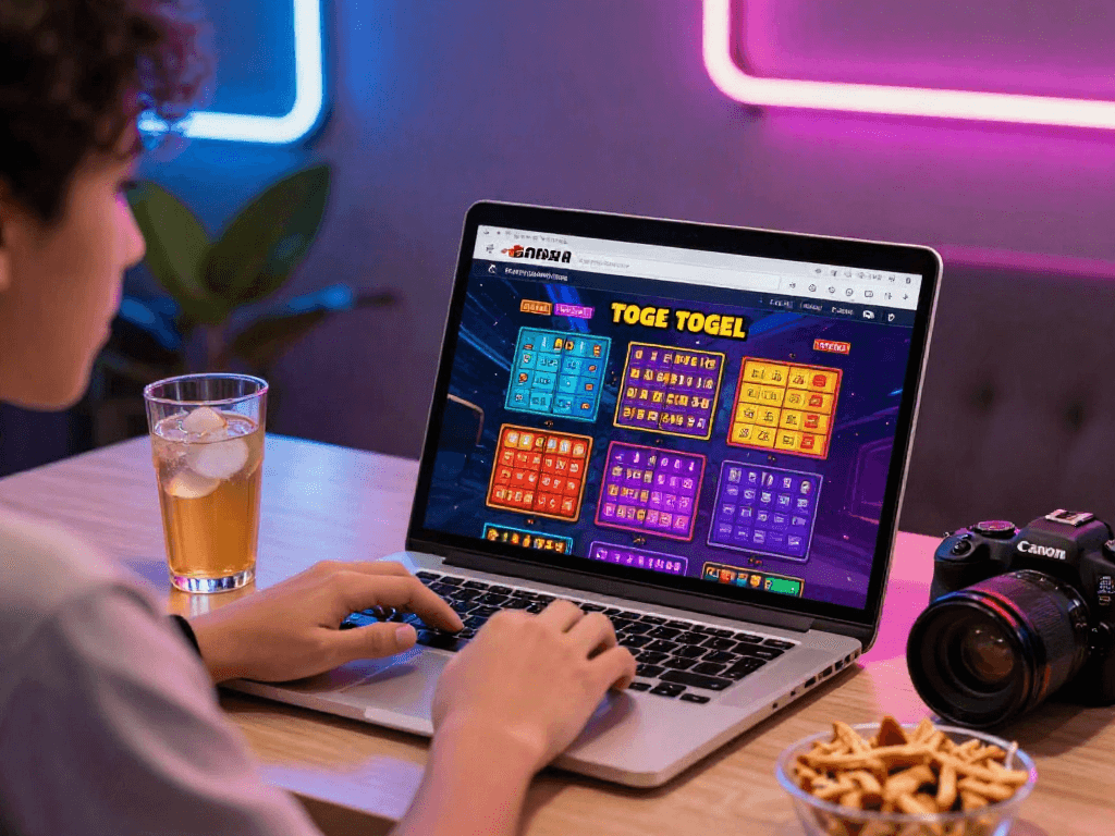 Engaging user at stylish desk enjoying bandar togel online with vibrant backdrop and snacks.