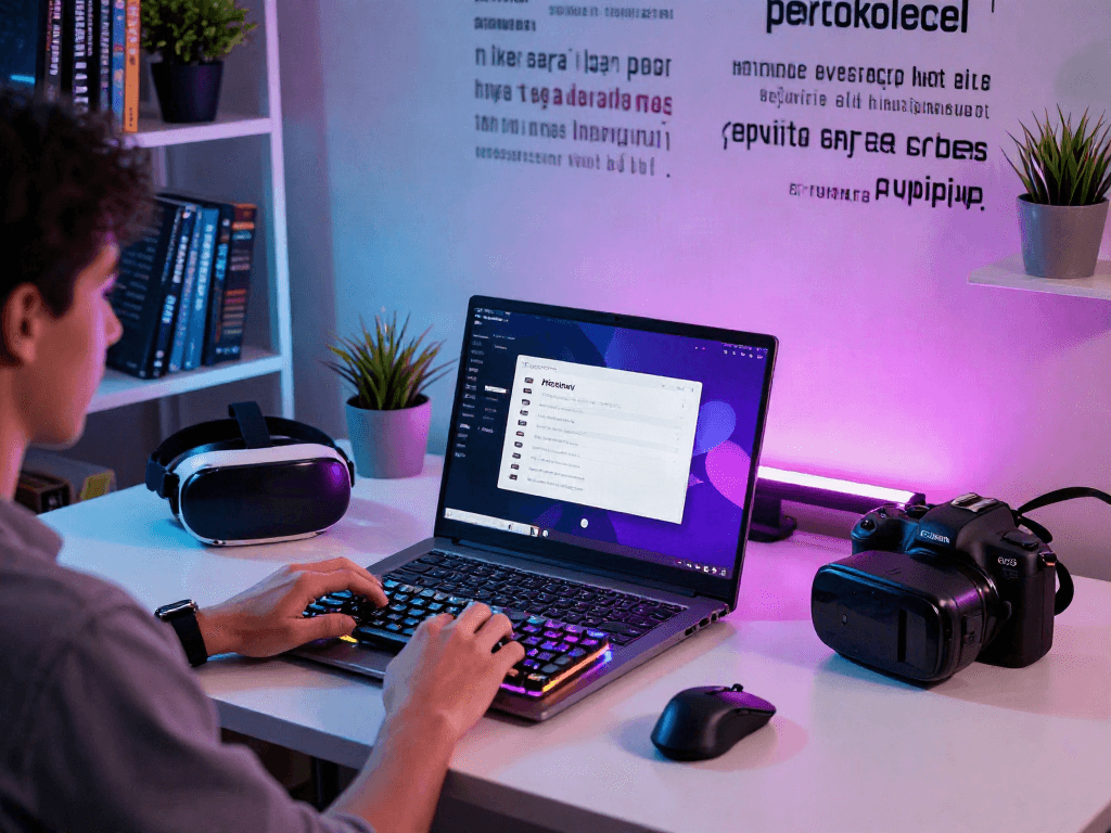 Pikashow app interface on a laptop in a modern tech workspace, showcasing vibrant engagement.