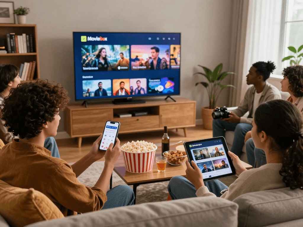 Friends enjoying a movie night with the Moviebox app while snacking in a cozy living room.