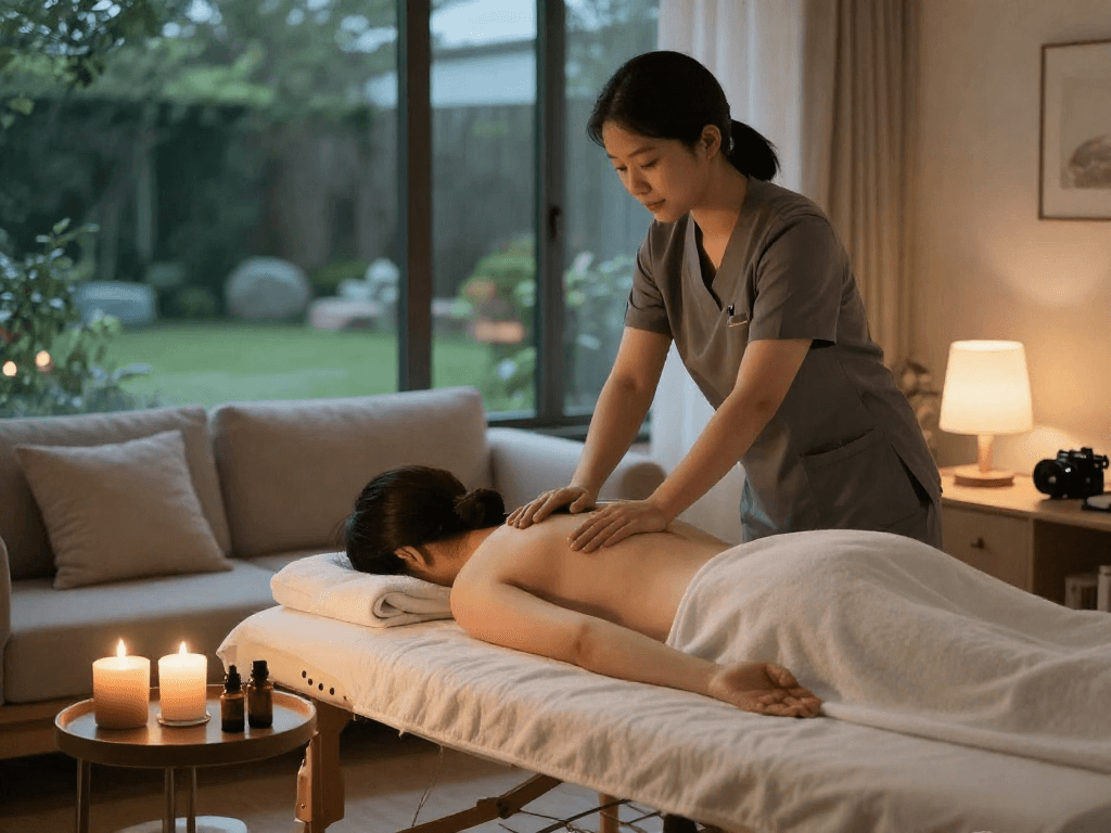 Relaxing 잠실출장마사지 session at home with soothing ambiance and professional therapist.