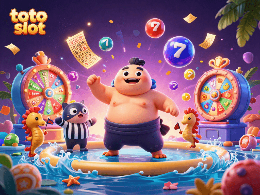 Gambarkan suasana seru toto slot dengan ikan fugu raksasa dan bola lotere berwarna.