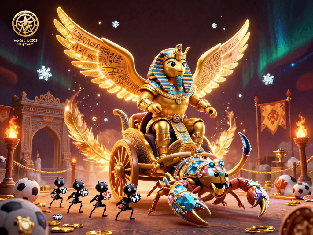 Bet on the world cup 2026 italy team in an animated scene featuring a golden scarab chariot surrounded by sports elements.