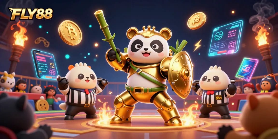 FLY88 enhances gaming with 3D mech-suit panda battling in a vibrant casino arena.