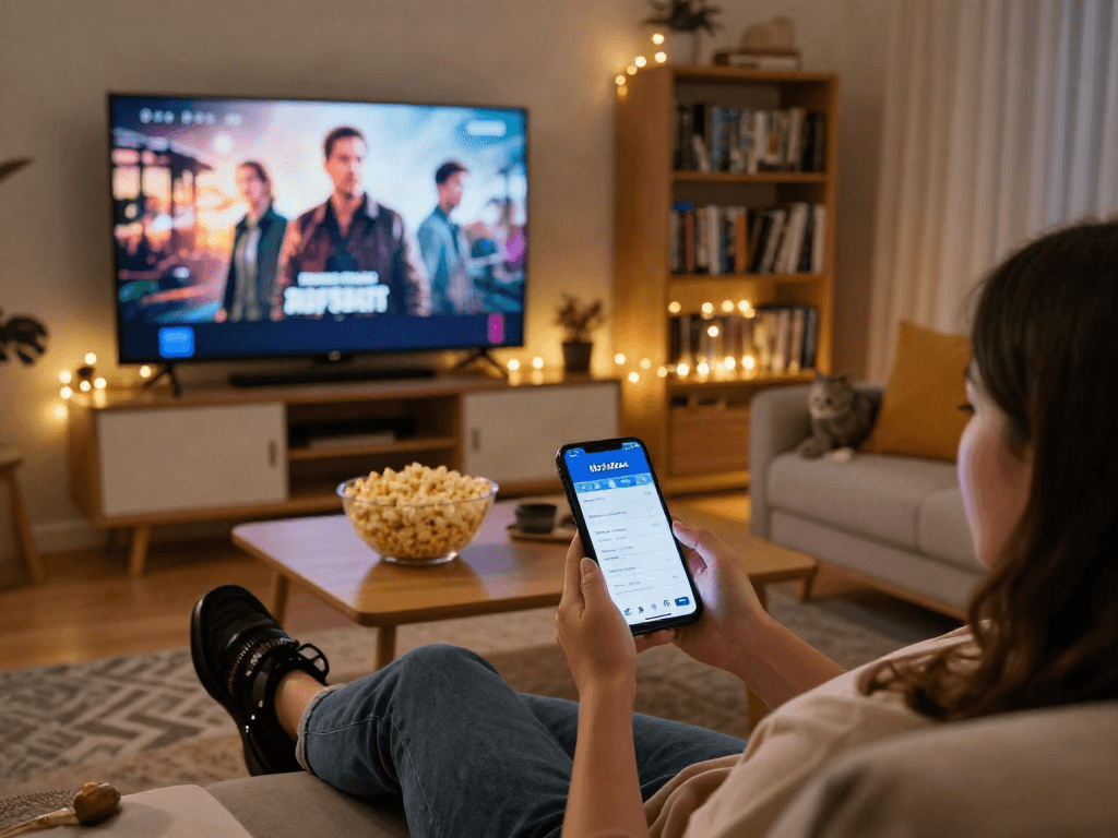 Enjoy streaming with Moviebox apk on a cozy sofa with popcorn and warm lighting.