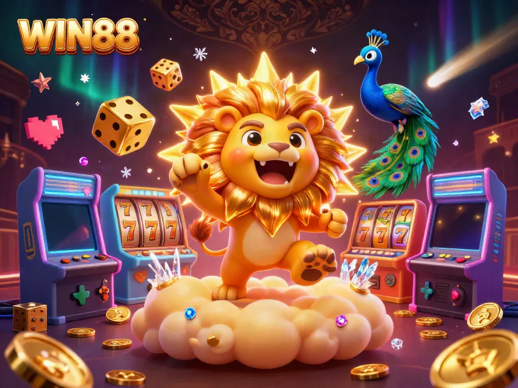 Experience the excitement of WIN88 with vibrant casino elements and animated characters in a dazzling illustration.
