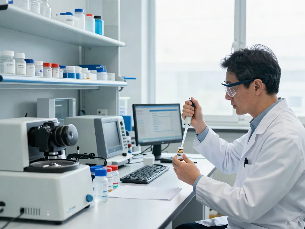 Researcher analyzes a vial of NAD+ in a professional lab setting, highlighting the process to buy NAD+ vial online.