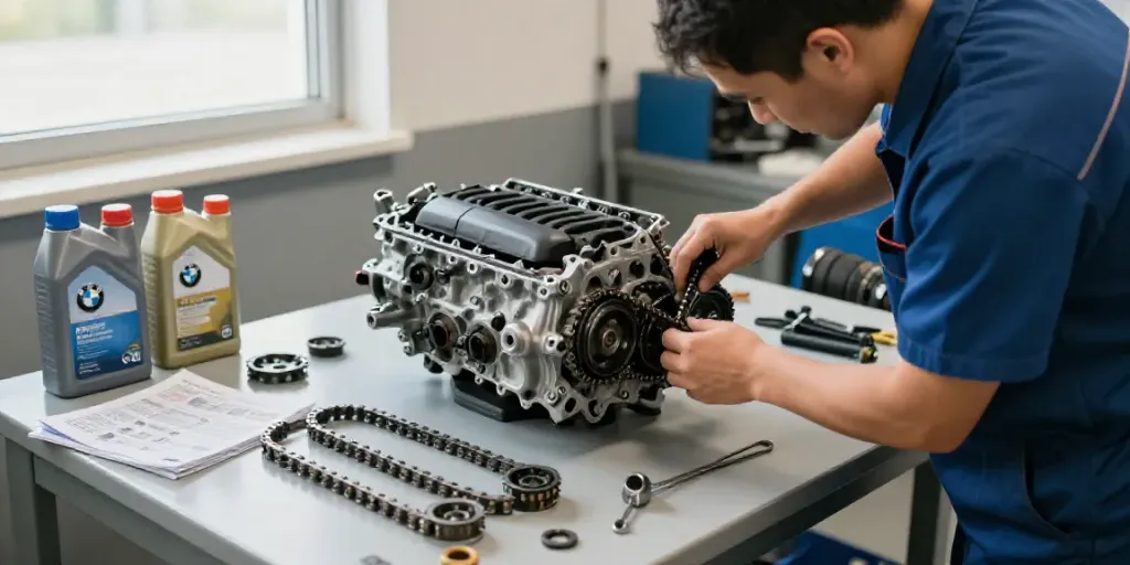 Experienced mechanic checking the BMW steuerkette in Hannover workshop, showcasing expertise and care for BMW vehicles.
