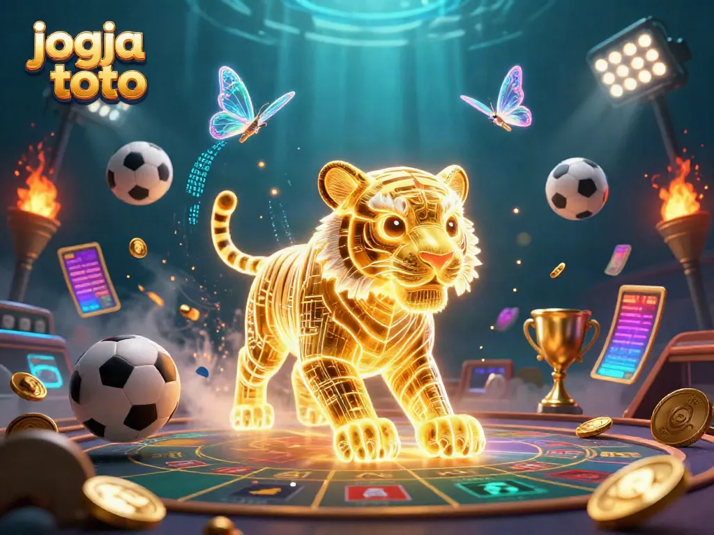 Engaging scene of jogja toto action with a golden tiger and sports elements in a vibrant digital casino.