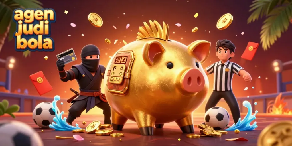 Engage in thrilling agen judi bola action with a dynamic scene featuring a sumo piggy bank, wallet ninja, and samurai referee.