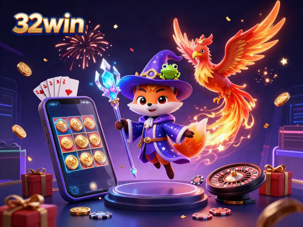 32win brings vibrant gaming excitement with a mystical fox wizard and golden coins exploding from a slot game.