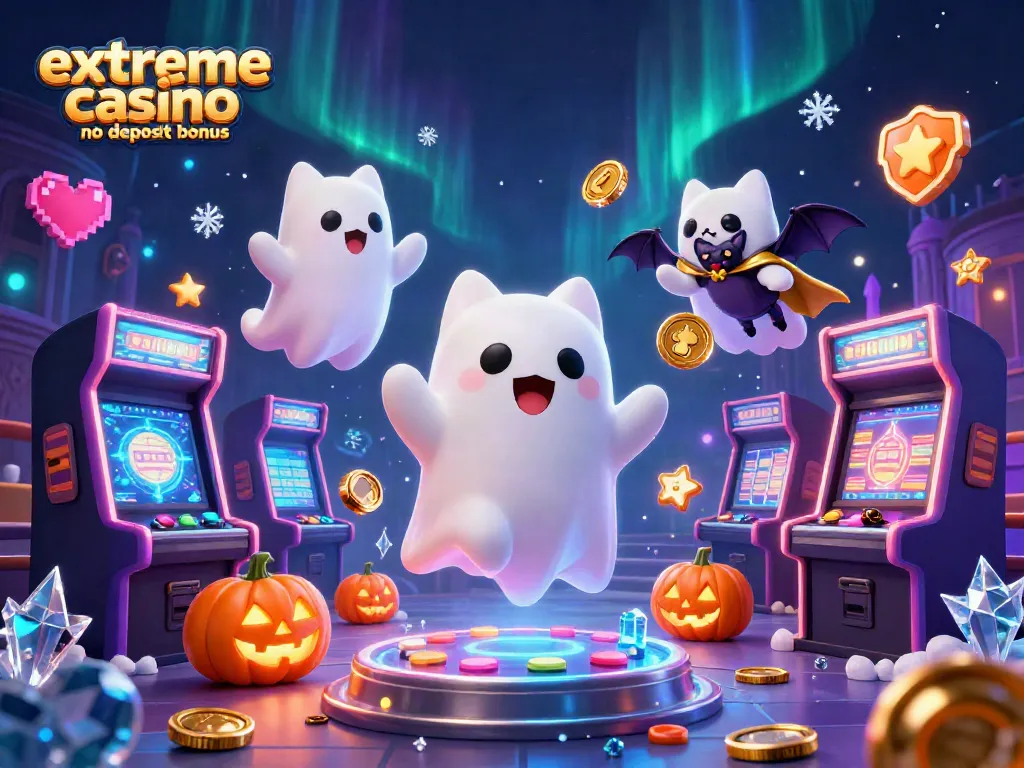 Experience the excitement of extreme casino no deposit bonus with a playful ghost cat and vibrant game elements.