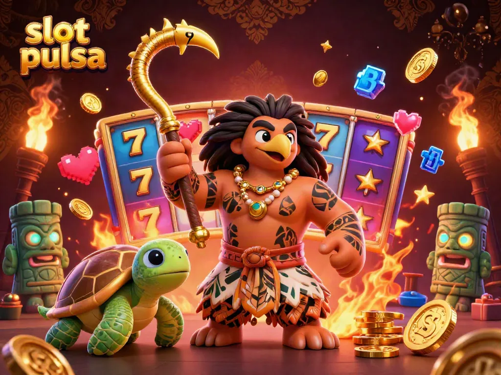 Experience high-energy slot pulsa gaming with a dynamic illustration of playful characters and vibrant, glowing elements.