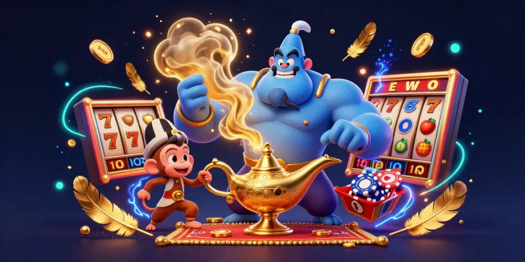 A thrilling slot scene with a blue genie and a monkey amidst glowing reels and gold coins.
