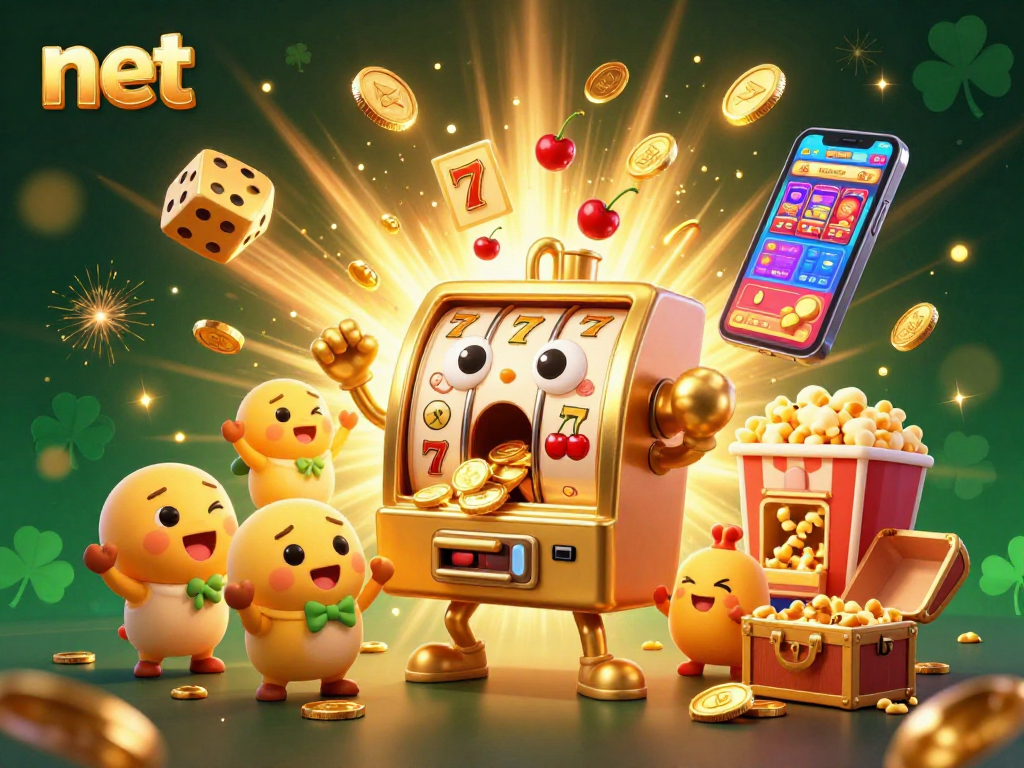 Experience the net jackpot explosion with the golden slot machine surrounded by cheering characters in this vibrant casino scene.