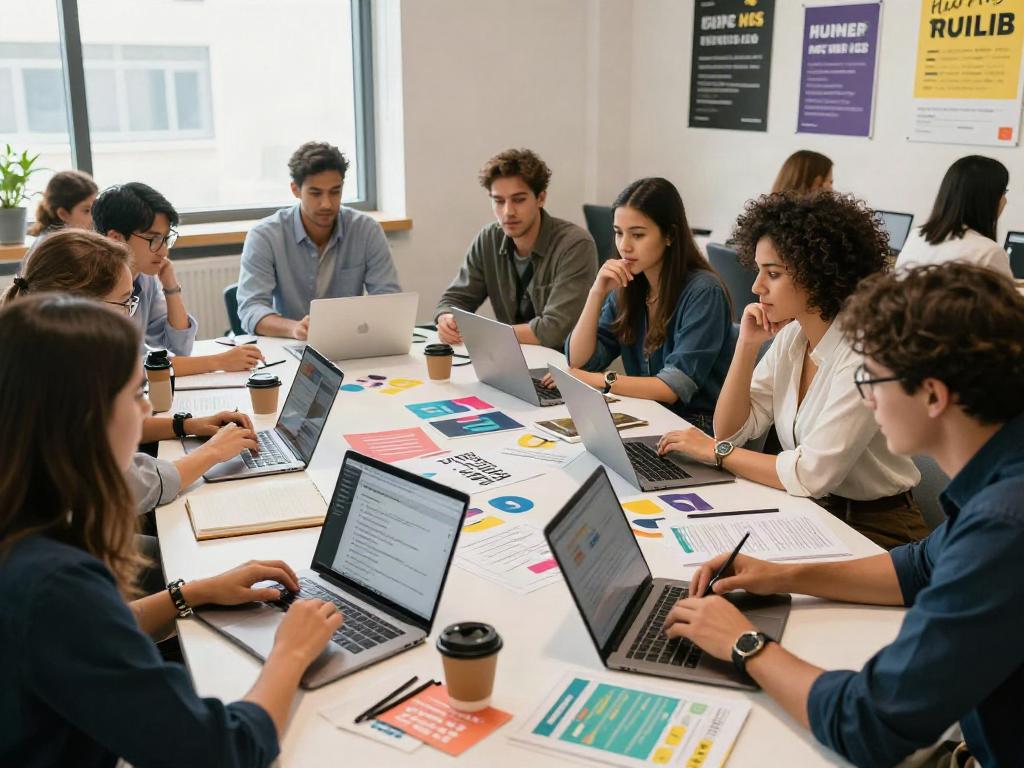 Vibrant co-working scene focused on professionals engaged in job searching and networking for หางาน opportunities.