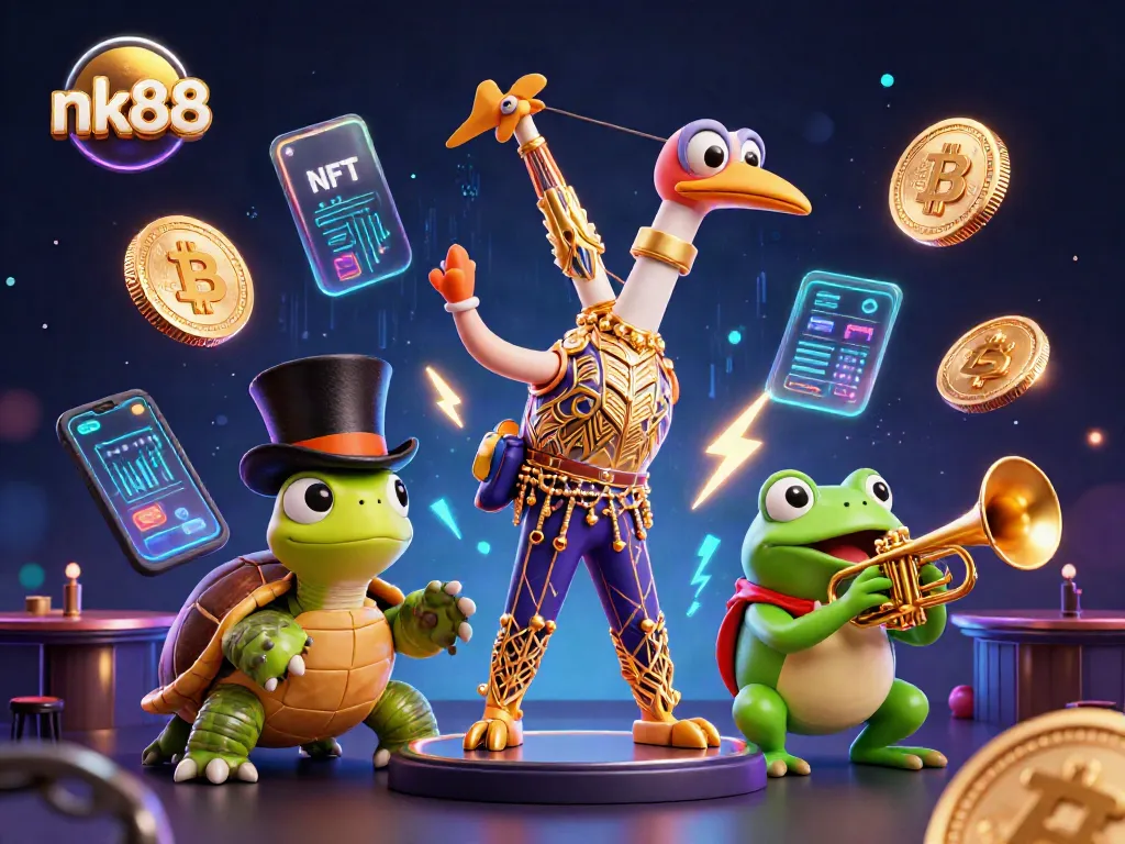 Engage with nk88's dynamic 3D casino scene featuring vibrant gaming elements and energetic characters.