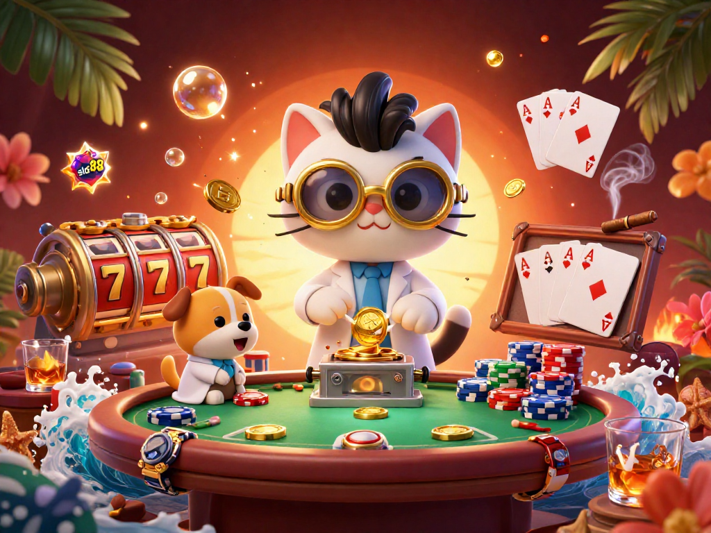 Engage with slot88's thrilling casino experience through a vibrant 3D illustration of playful characters and gambling elements.