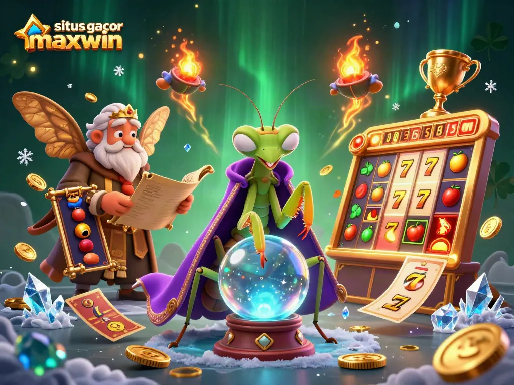 Engage with situs slot gacor maxwin through a vibrant casino scene with a fortune teller and dynamic slot elements.
