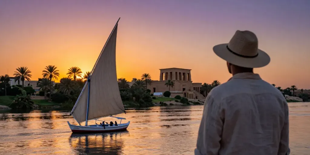 Luxor and Aswan Nile cruise scenic sunset view with traveler overlooking the Nile River.
