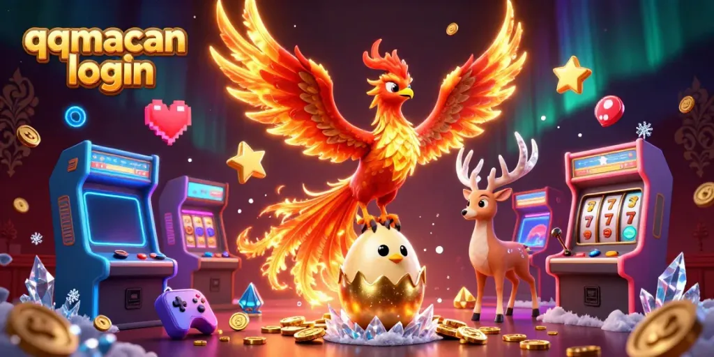 Experience the thrill of qqmacan login with a dynamic phoenix scene amidst vibrant gaming elements.