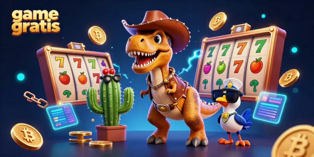 Win big with game gratis in this vibrant, lively casino scene filled with slot reels and cartoon characters.