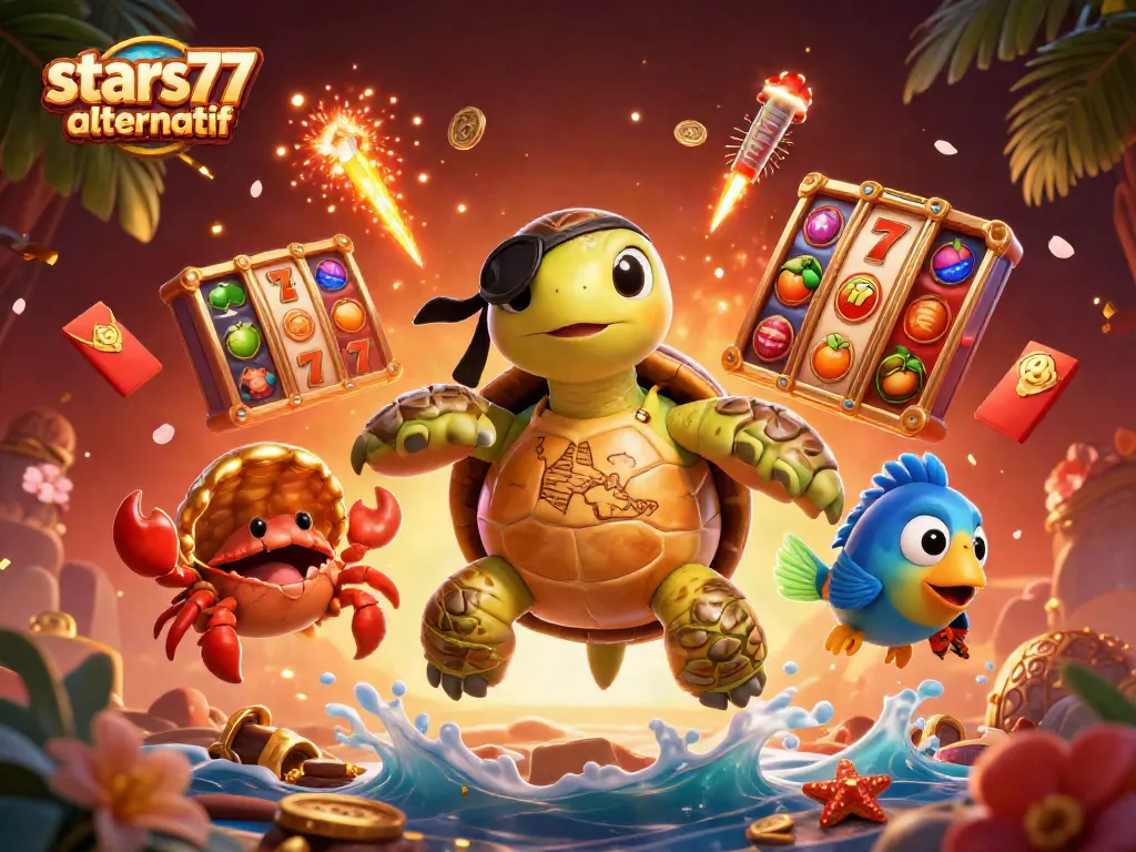 Permainan slot menarik stars77 alternatif dengan simbol keberuntungan dan karakter unik di latar belakang yang menakjubkan.