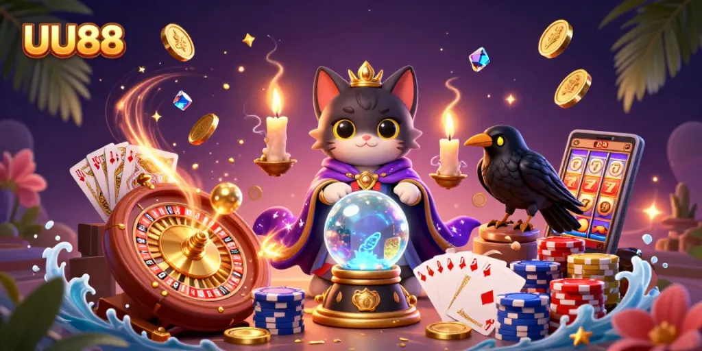 UU88 casino graphics featuring a mystic cat and raven surrounded by coins and gambling elements.
