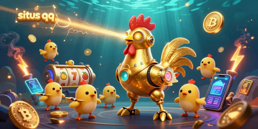 Engage with situs qq in a vibrant casino experience featuring a futuristic golden rooster robot and baby chick drones.