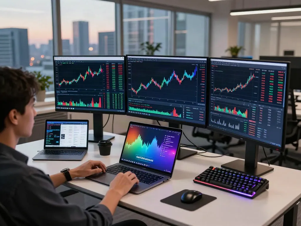Stock quote API visualized in a dynamic cryptocurrency trading workspace with multiple monitors and advanced tech tools.