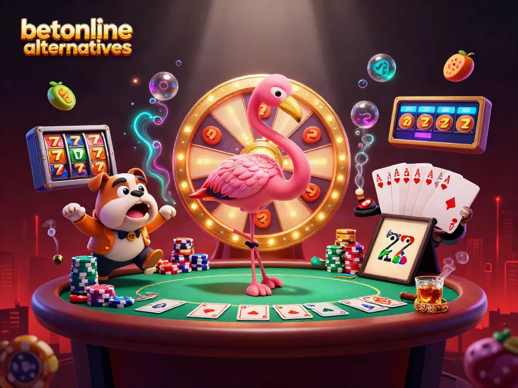 Excited bulldog and flamingo host reveal prizes, showcasing betonline alternatives with immersive casino elements.