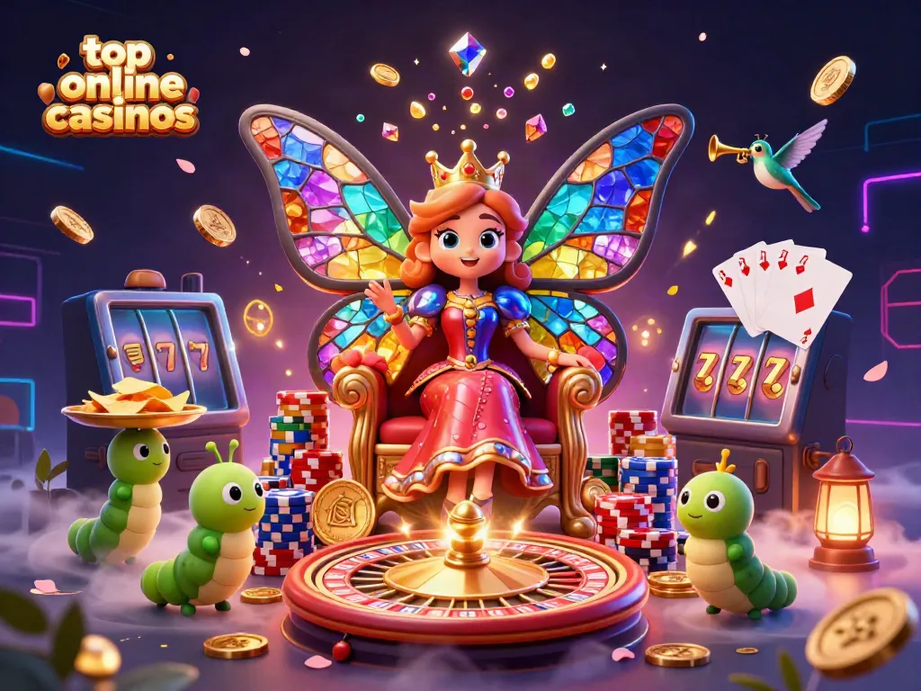 Experience the top online casinos through a vibrant scene with casino elements and enchanting characters.