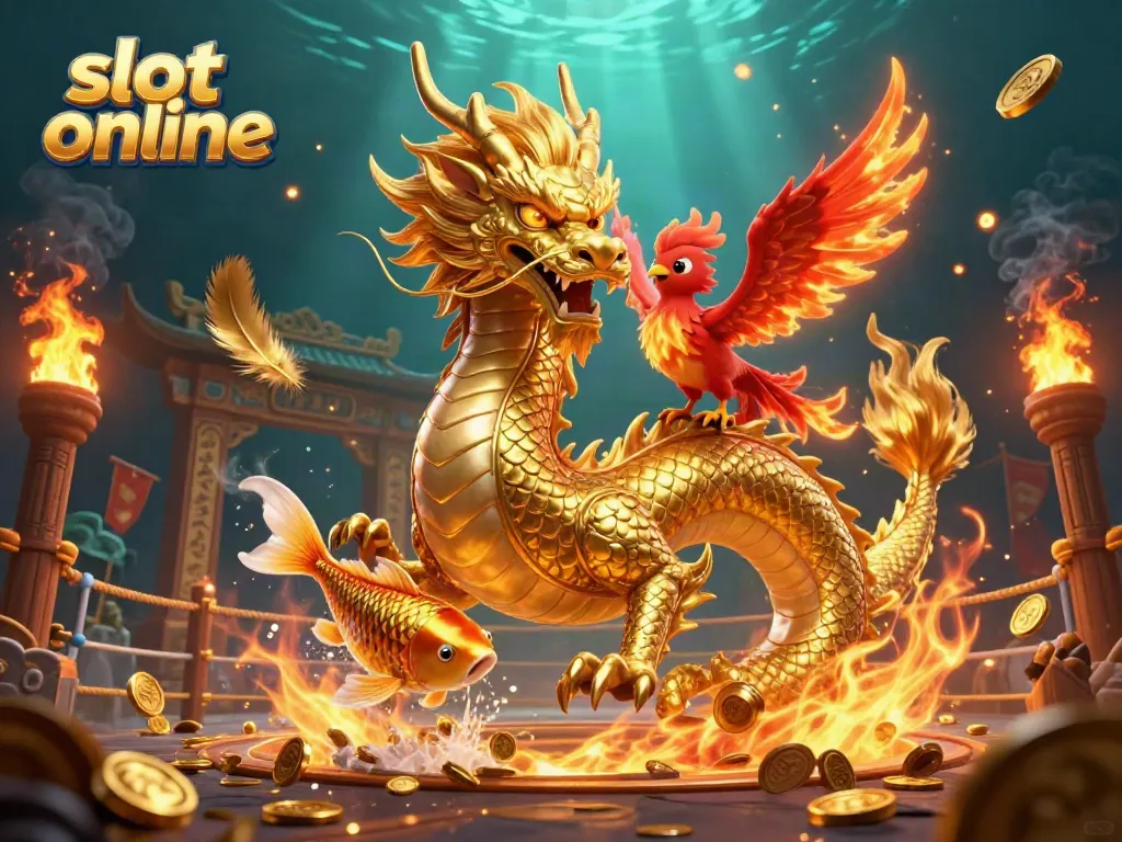 Spin the reels in this vibrant slot online scene featuring a golden dragon and phoenix amidst coins.