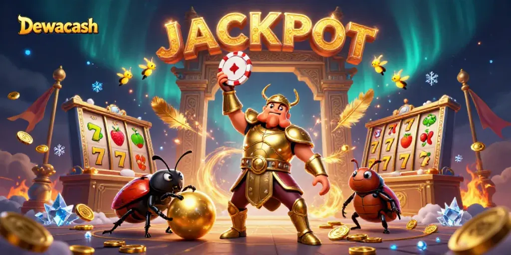 Dewacash-themed dynamic scene with a gladiator beetle lifting a poker chip in celebration