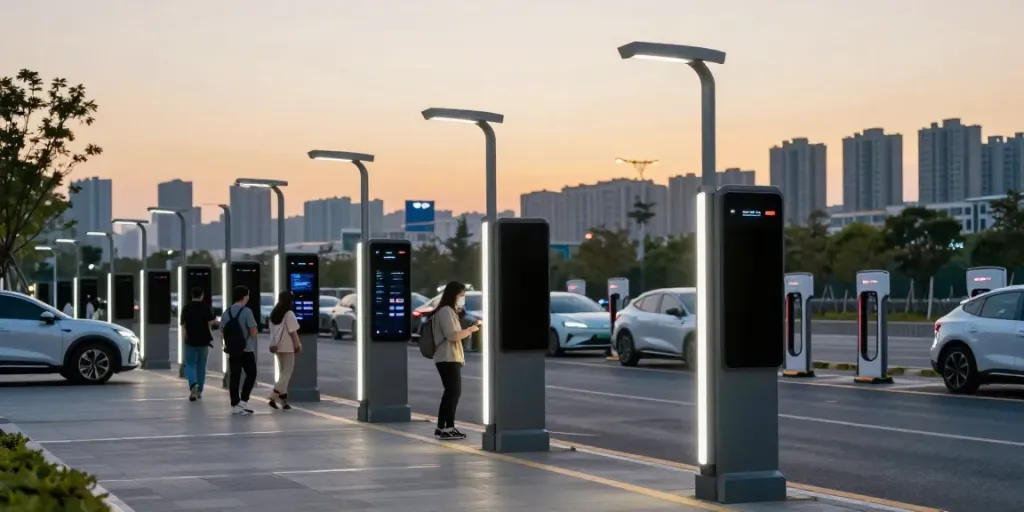 Smart light poles illuminating a modern urban landscape during dusk.
